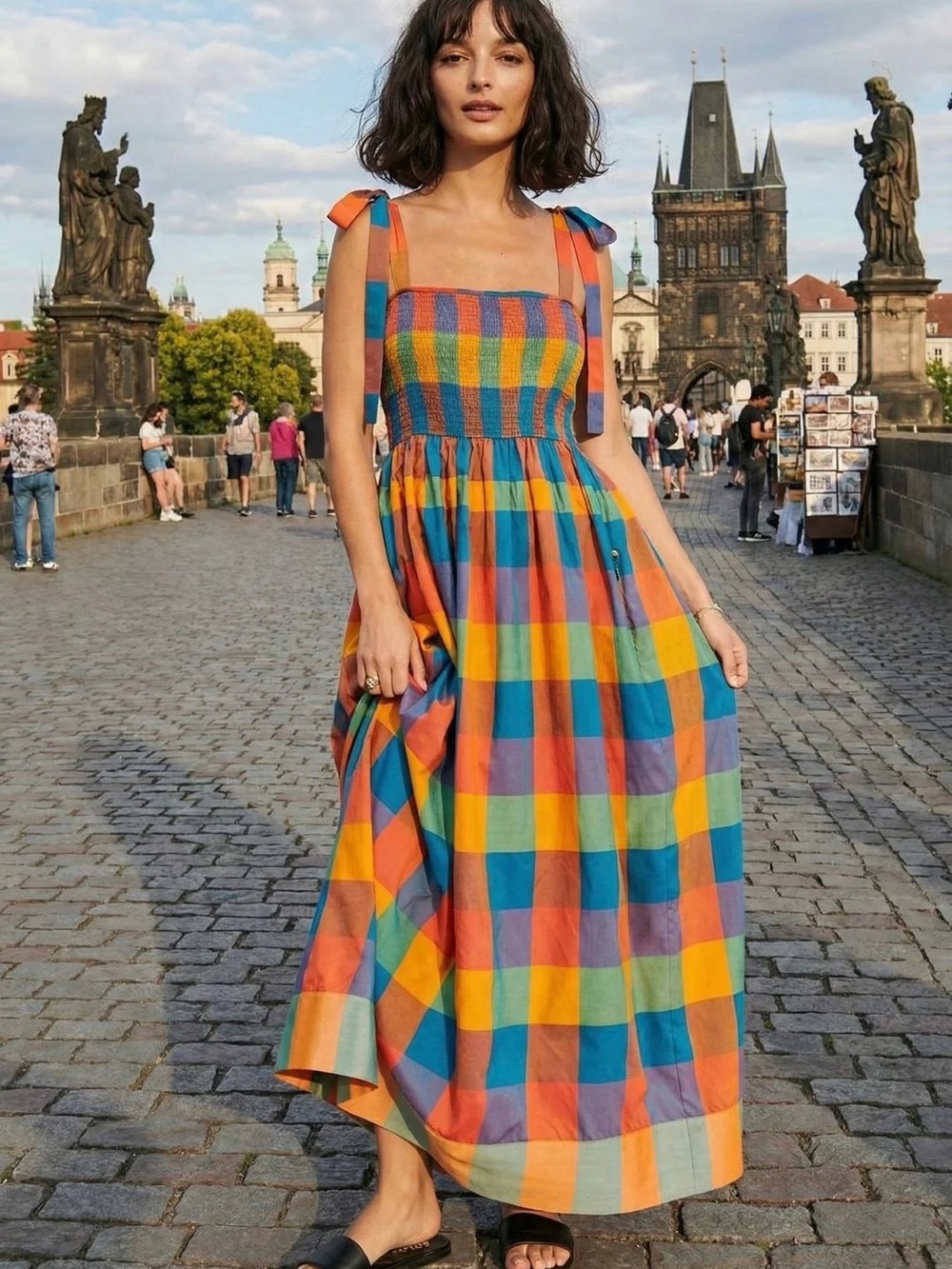 Colorblock Plaid Tie-Shoulder Maxi Dress - Multicolor